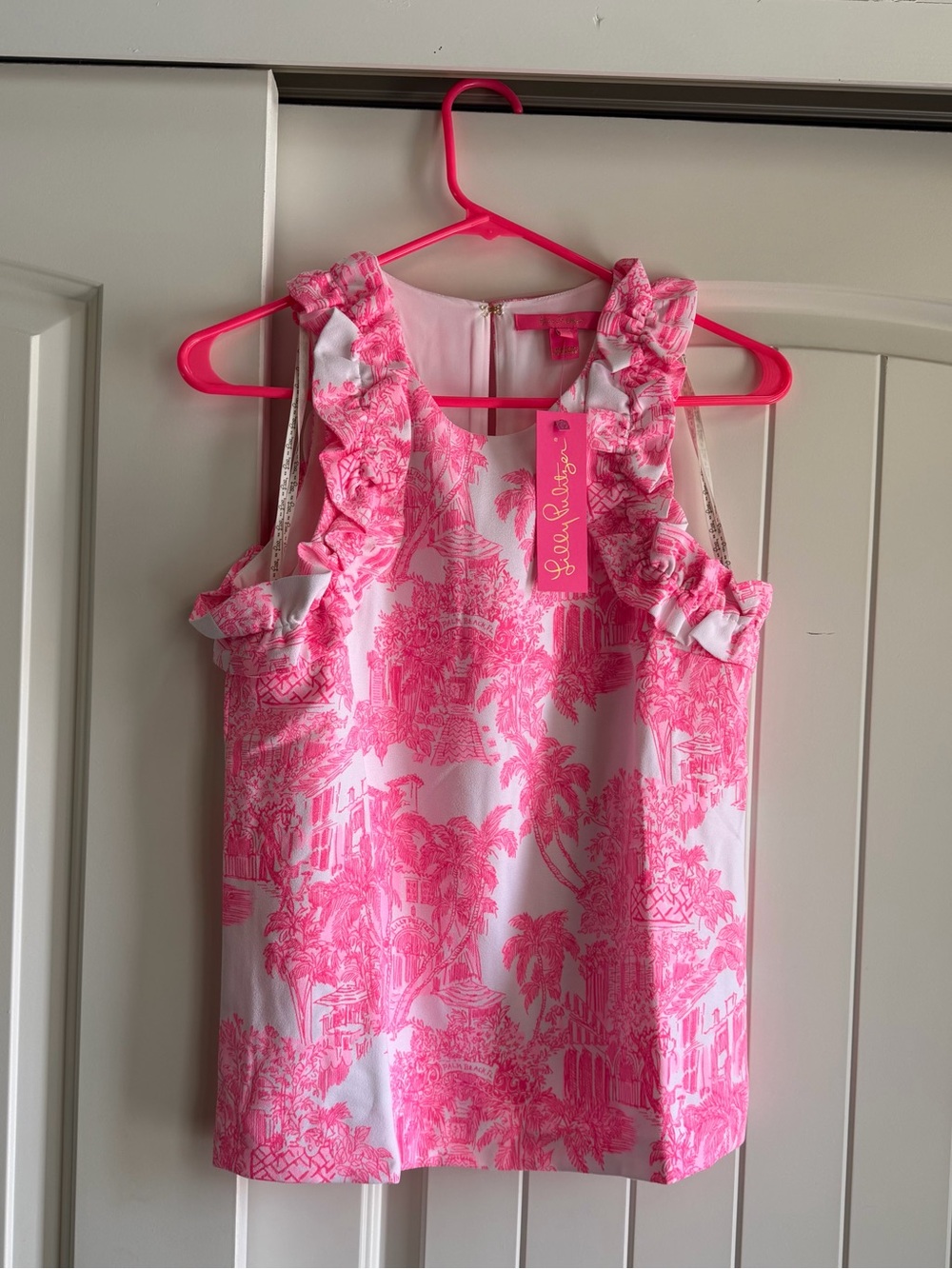 Lilly Pulitzer Pink and White Ruffle Strap Toile Tank NWT